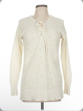 Mossimo Supply Co. cream knit pullover sweater, lace-up neckline w/tassel ties